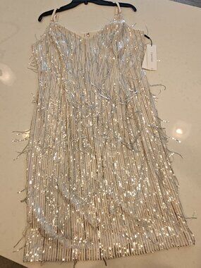 NWT Calvin Klein Sequin Dress with Sequin Fringe - Nude / Silver - Size 14